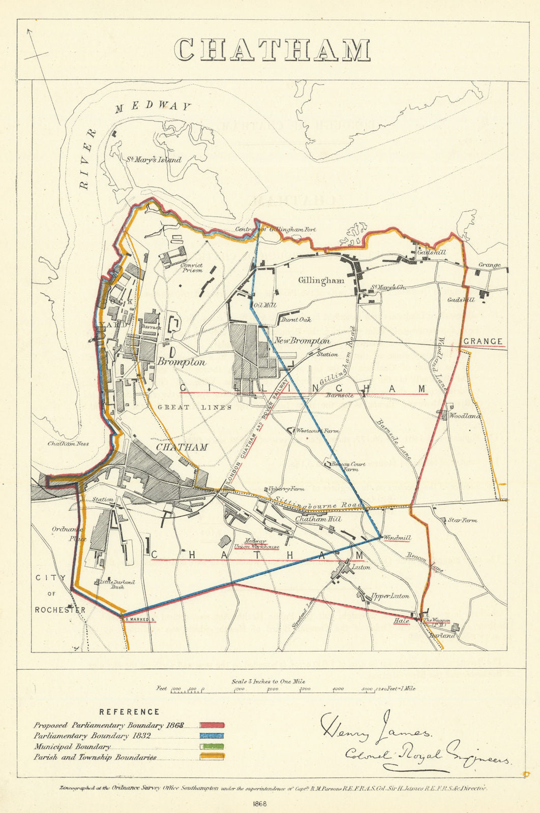 Chatham, Kent. JAMES. Parliamentary Boundary Commission 1868 old antique map